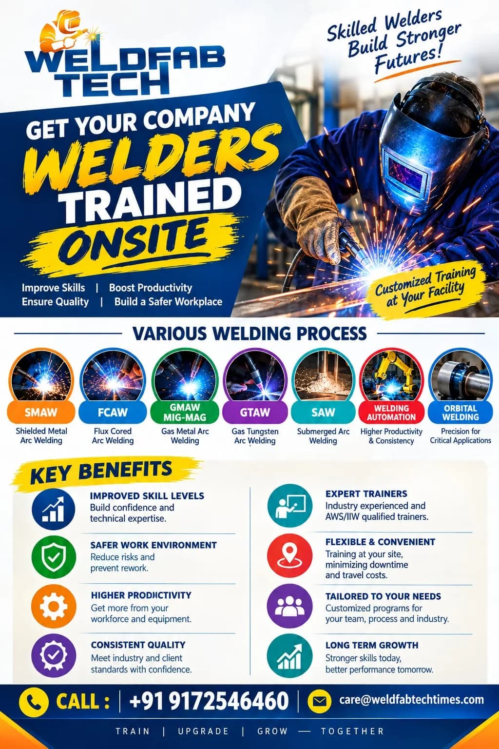 WeldFab Tech onsite welder training poster: the welding processes covered and the programme's key benefits.