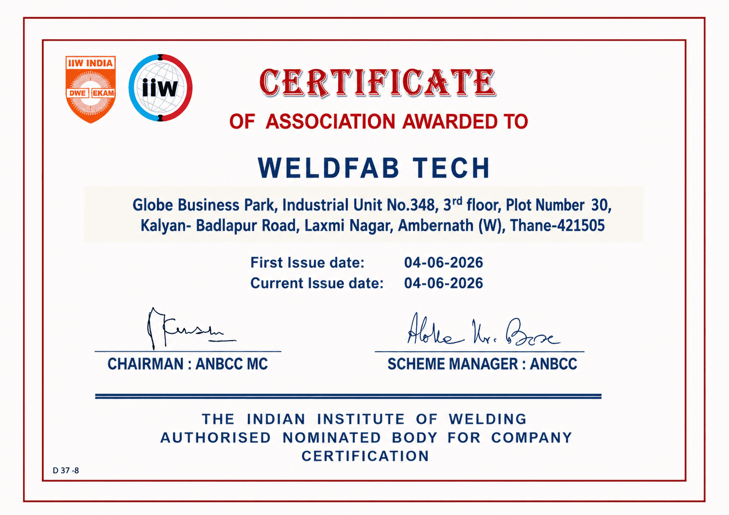 Certificate of Association awarded to WeldFab Tech by IIW India ANBCC